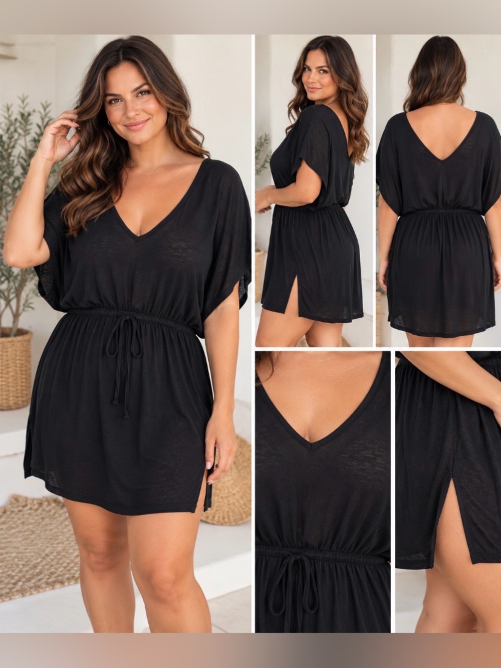 torrid Black V-Neck Swim Cover-Up with Drawstring Waist